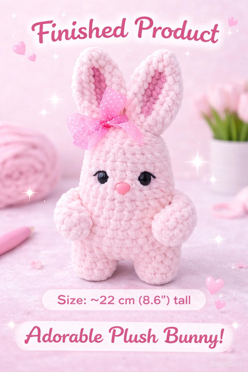 Plush Pink Crochet Rabbit PDF – Amigurumi Toy Tutorial – Chunky Yarn Stuffed Animal – 22cm Tall