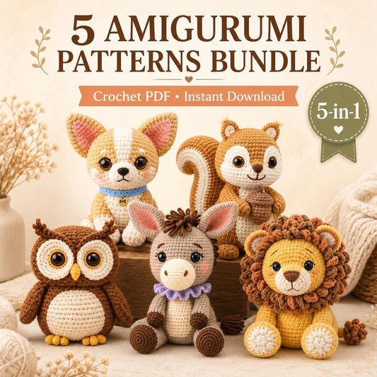 5 Amigurumi Crochet Patterns Bundle, Animal PDF Pattern Set, Chihuahua Squirrel Owl Donkey Lion