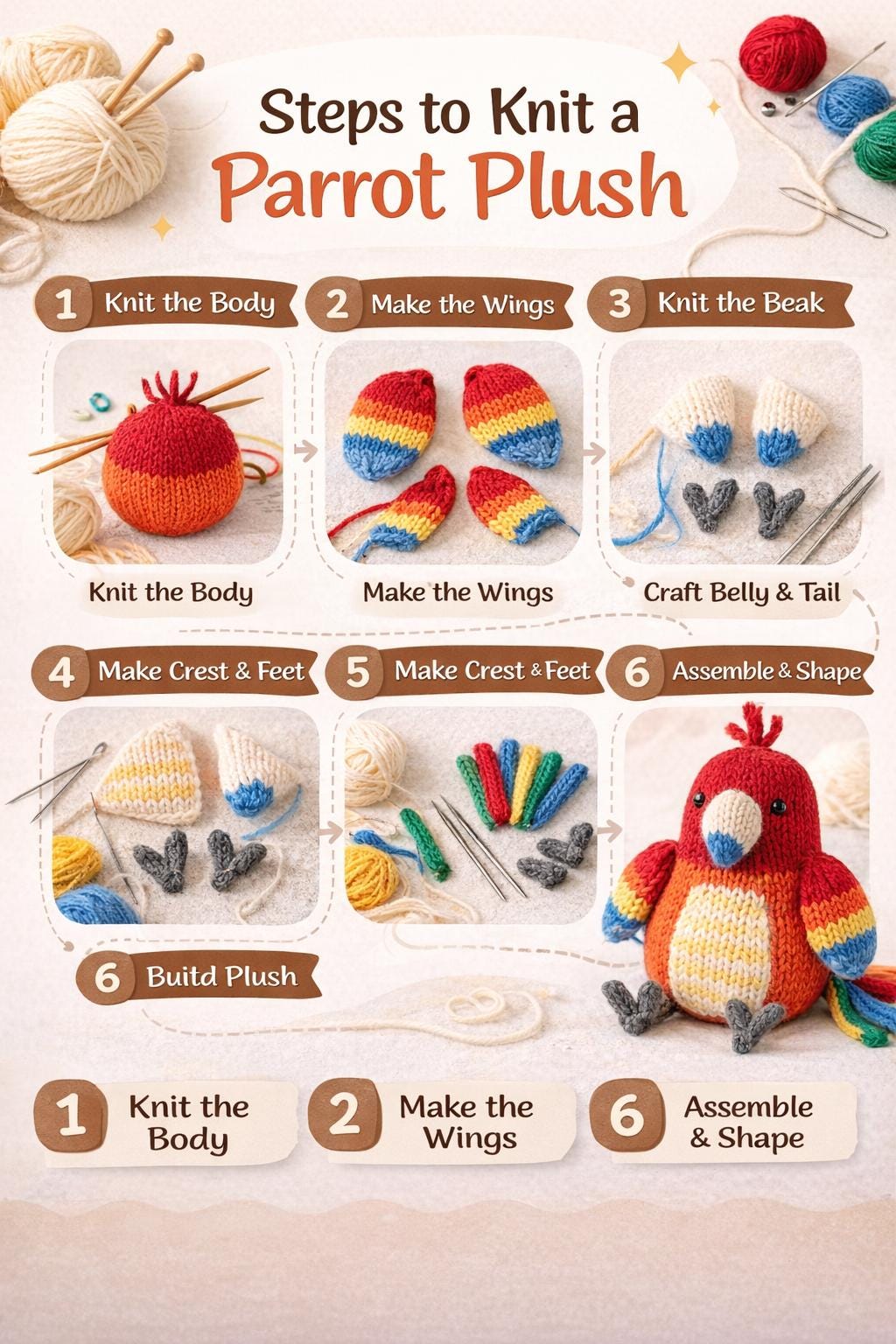 Rainbow Parrot Plush Knitting Pattern PDF, Bird Softie Tutorial, Tropical Toy
