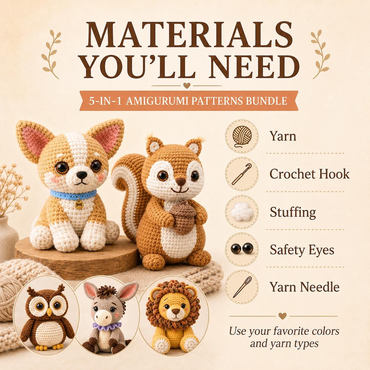 5 Amigurumi Crochet Patterns Bundle, Animal PDF Pattern Set, Chihuahua Squirrel Owl Donkey Lion