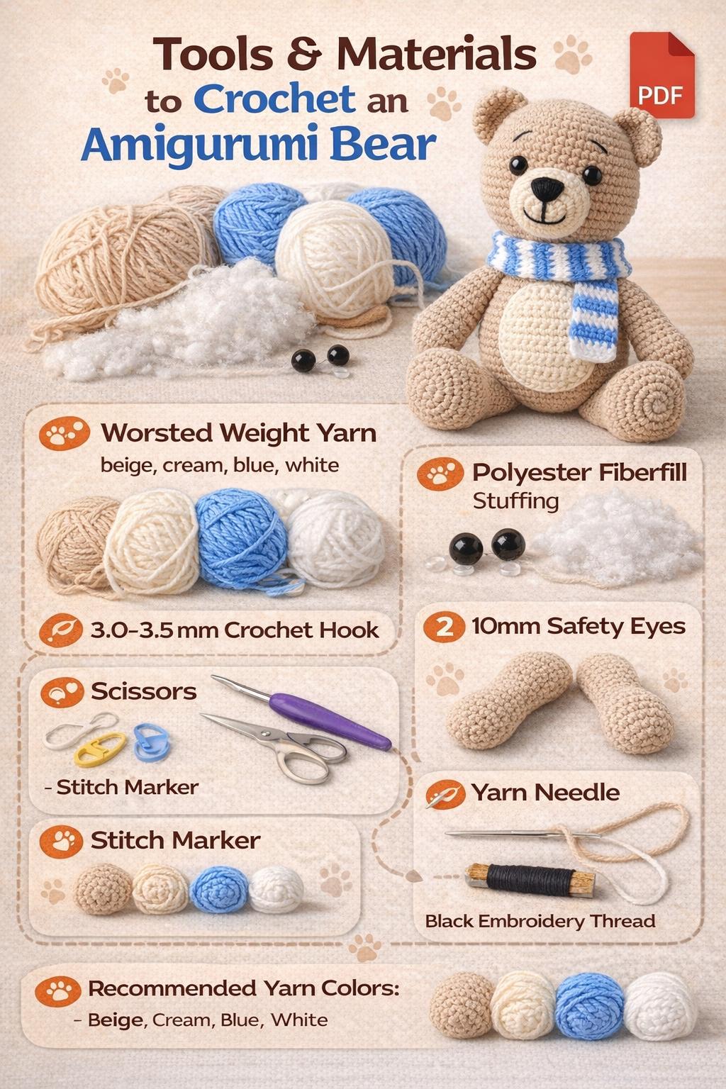 Teddy Bear Crochet Pattern PDF With Scarf | DIY Plush Toy | Instant Download