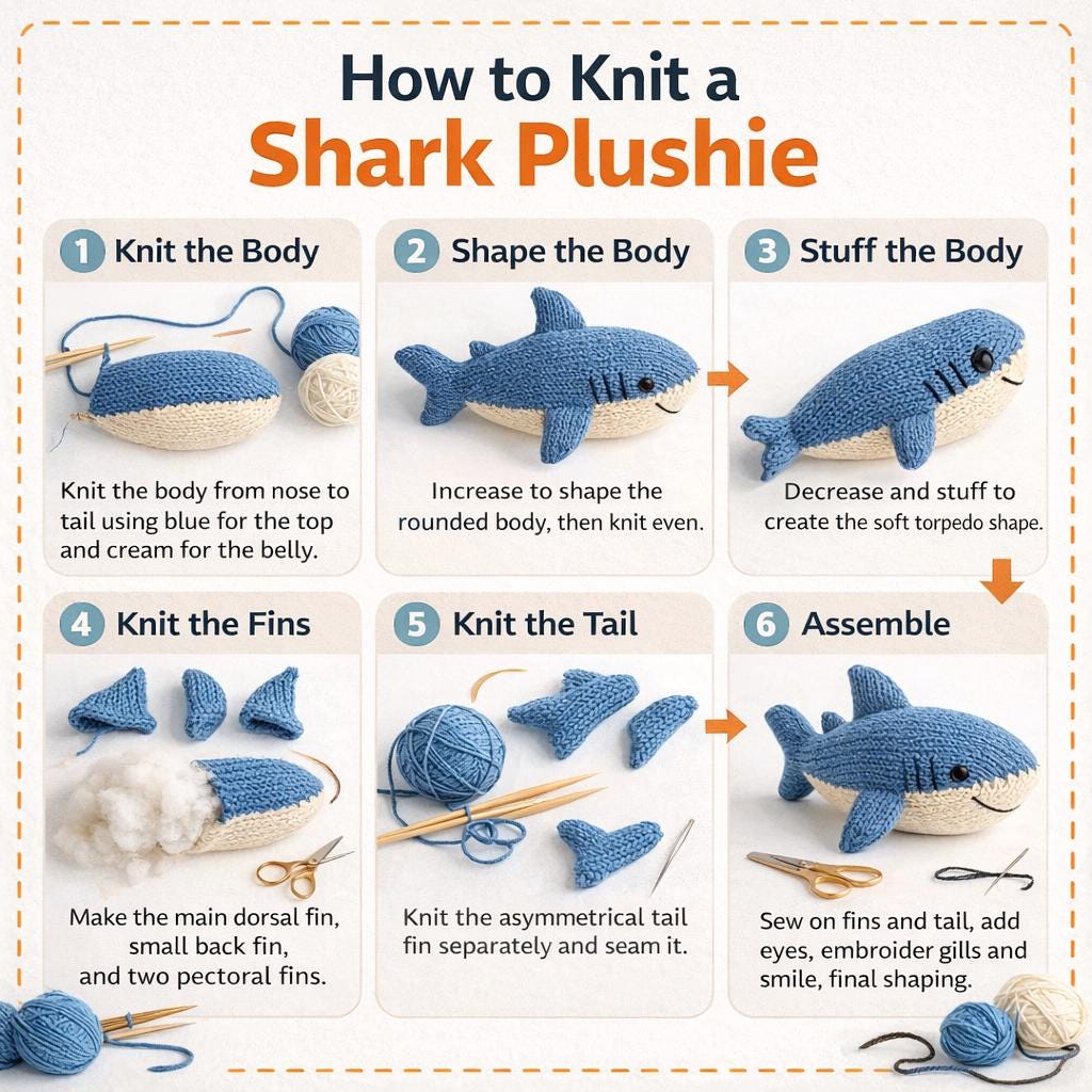 Knitted Shark Plush Pattern PDF, Ocean Toy Knitting Tutorial