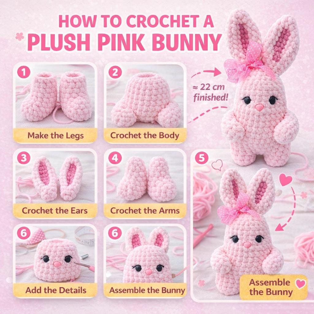 Plush Pink Crochet Rabbit PDF – Amigurumi Toy Tutorial – Chunky Yarn Stuffed Animal – 22cm Tall