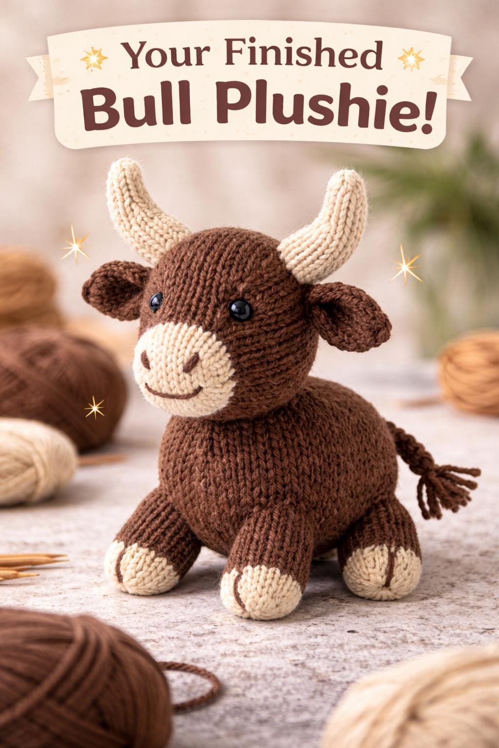 Knitted Bull Plush Pattern PDF, Farm Animal Toy Knit Tutorial