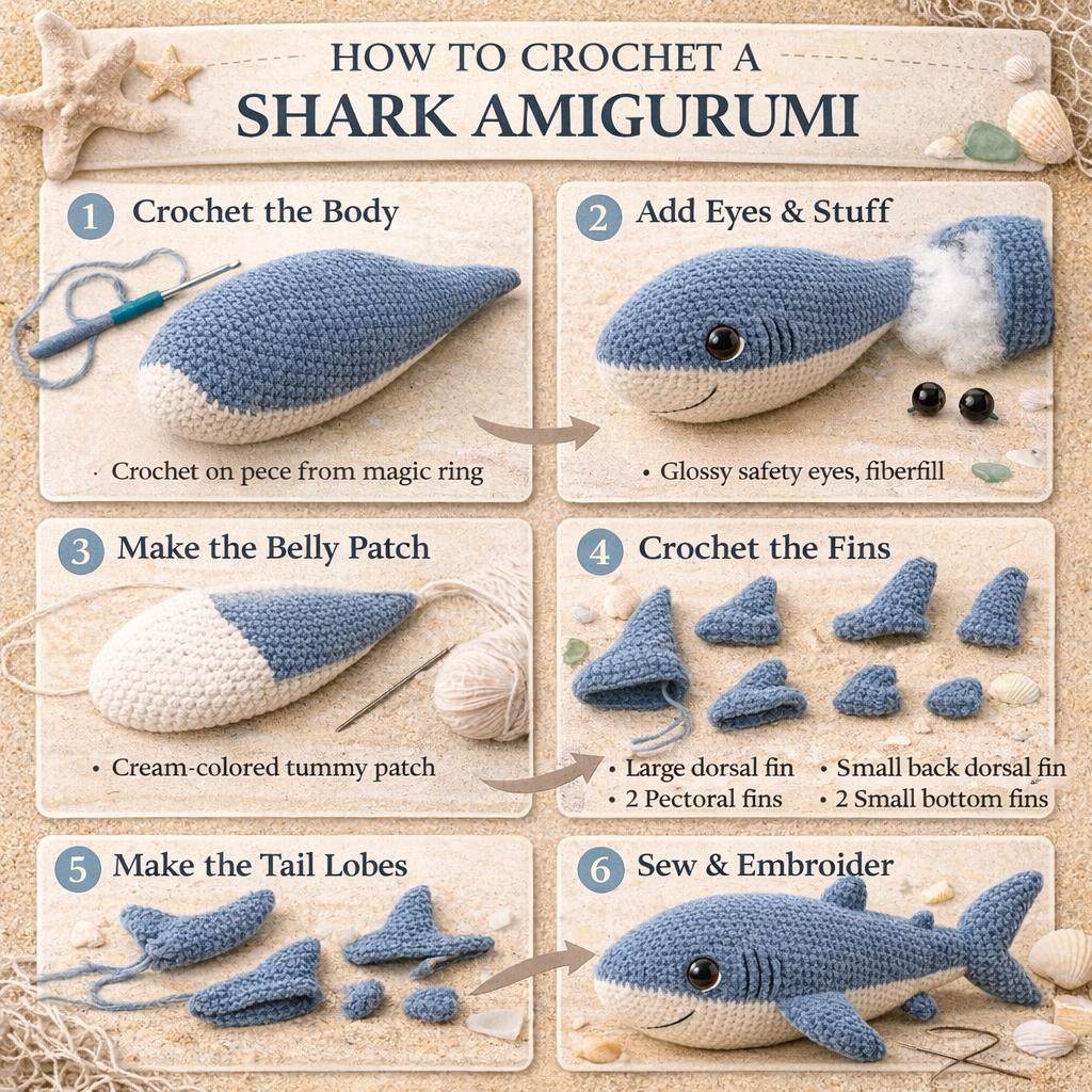 Shark Amigurumi Crochet Pattern PDF, Plush Sea Animal Toy Tutorial