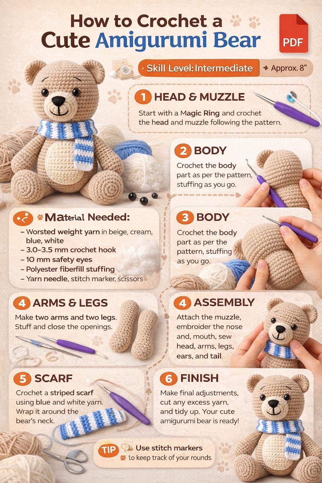 Teddy Bear Crochet Pattern PDF With Scarf | DIY Plush Toy | Instant Download