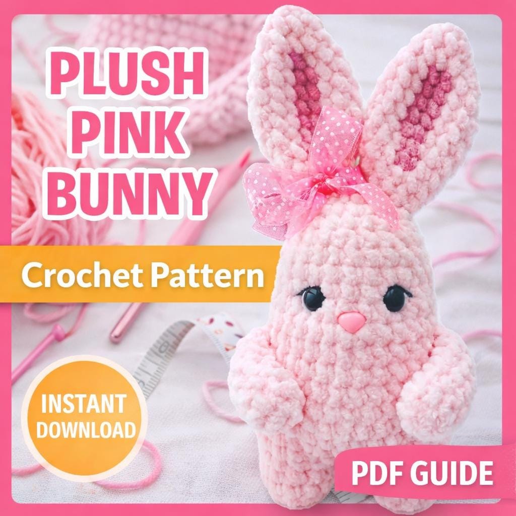 Plush Pink Crochet Rabbit PDF – Amigurumi Toy Tutorial – Chunky Yarn Stuffed Animal – 22cm Tall