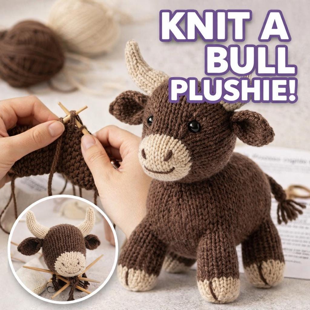 Knitted Bull Plush Pattern PDF, Farm Animal Toy Knit Tutorial