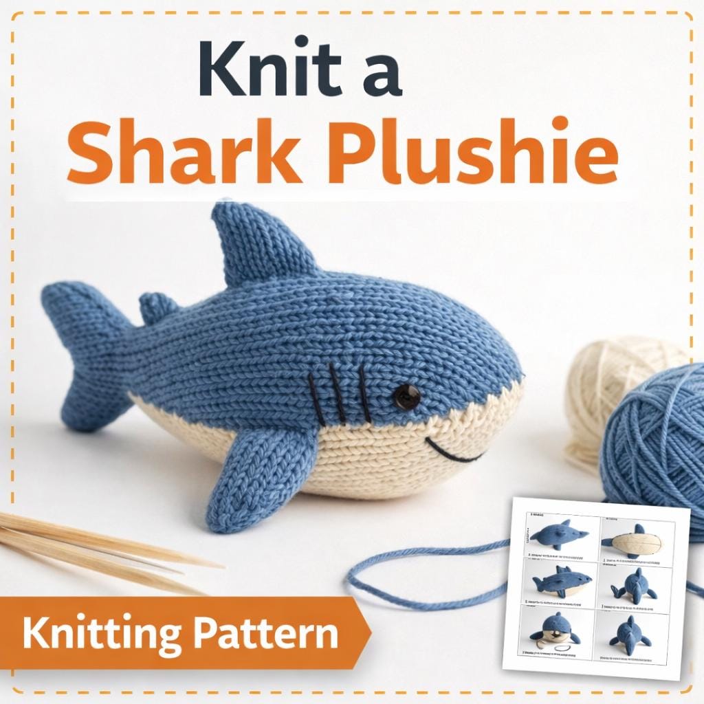 Knitted Shark Plush Pattern PDF, Ocean Toy Knitting Tutorial