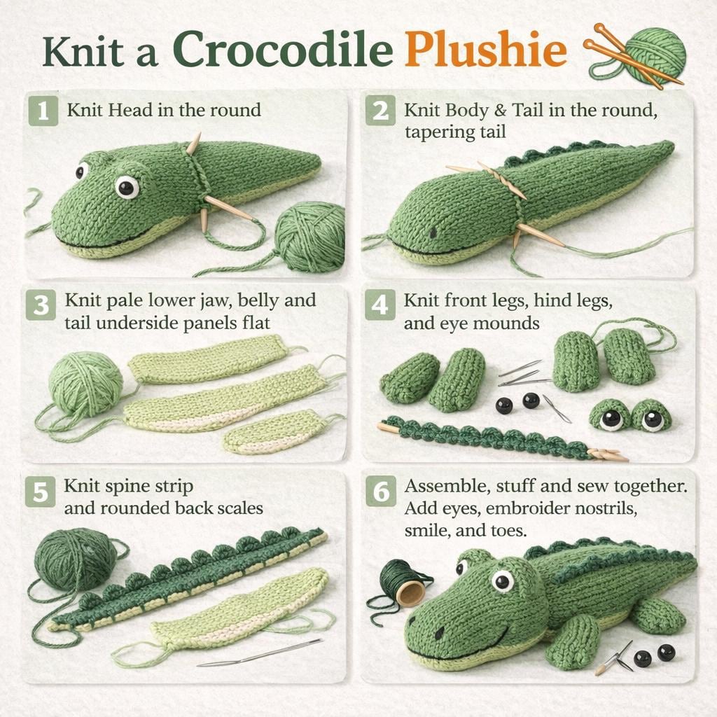 Knitted Crocodile Plush Pattern, Toy Knitting PDF, Animal Softie Tutorial