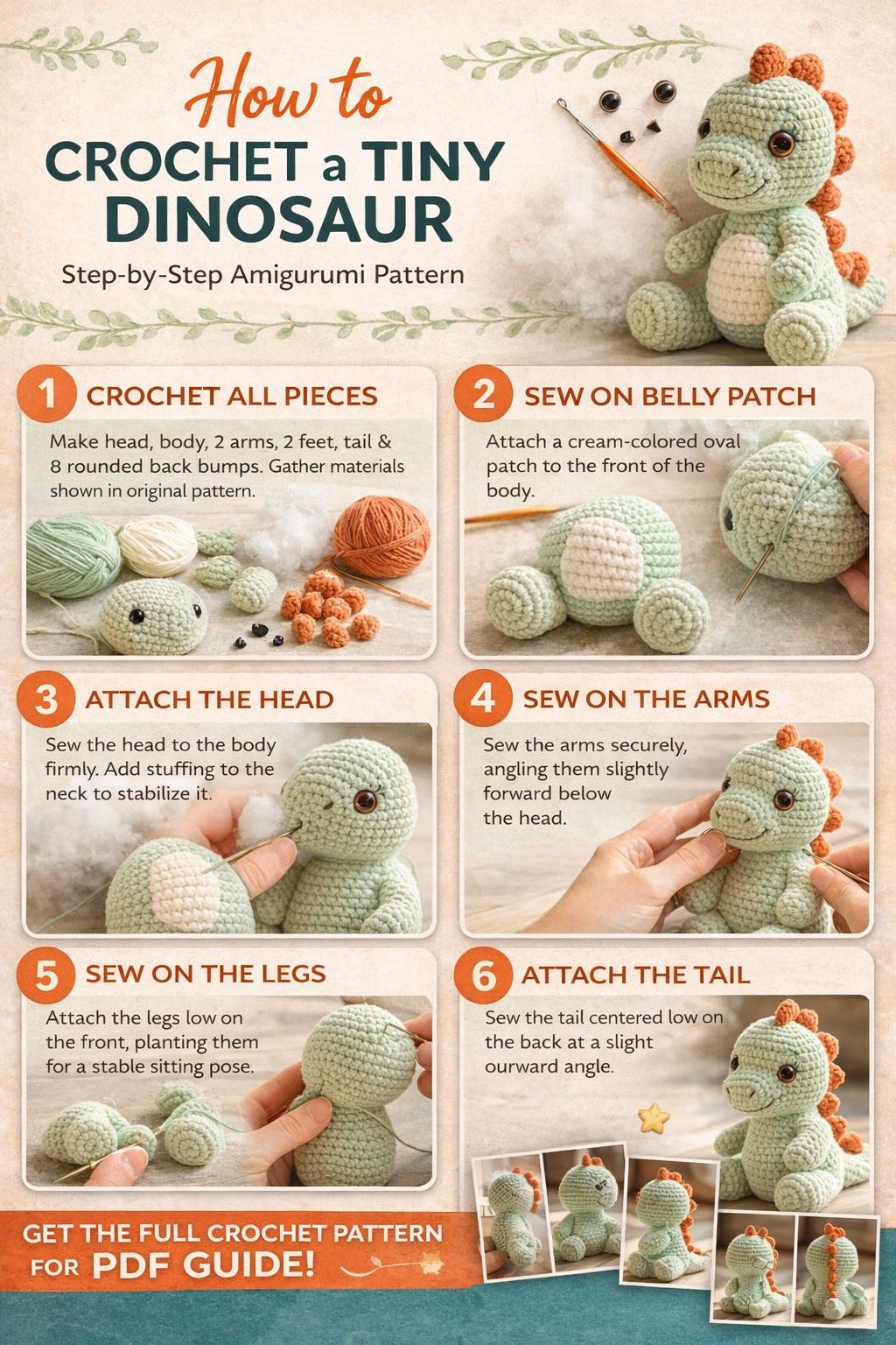 Tiny Dinosaur Amigurumi PDF, Plush Dino Tutorial, DIY Stuffed Toy Guide
