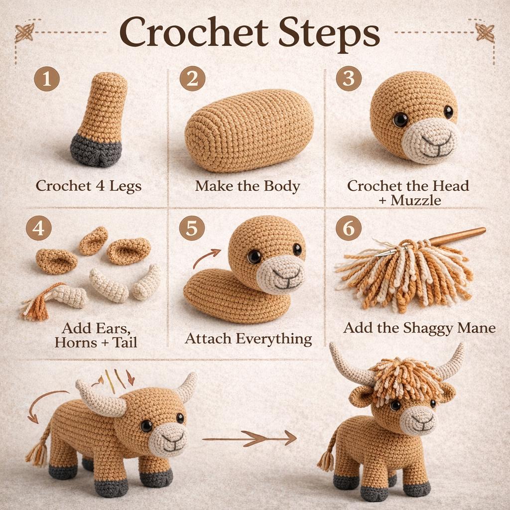 Highland Cow Crochet Pattern PDF, Amigurumi Cow Plush Tutorial, Digital Download