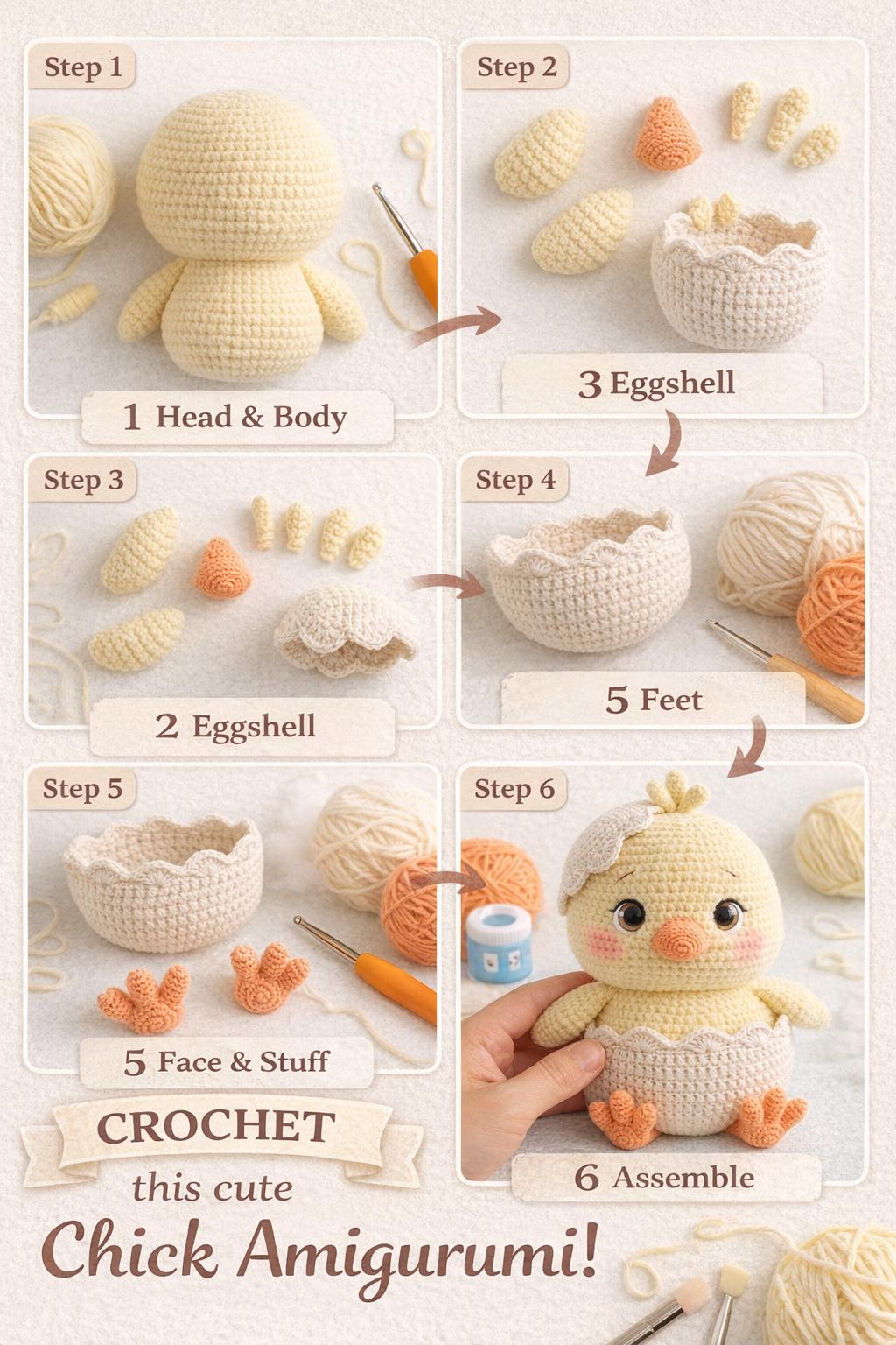 Amigurumi Chick in Eggshell Crochet Pattern PDF, Easter Baby Bird Plush Tutorial