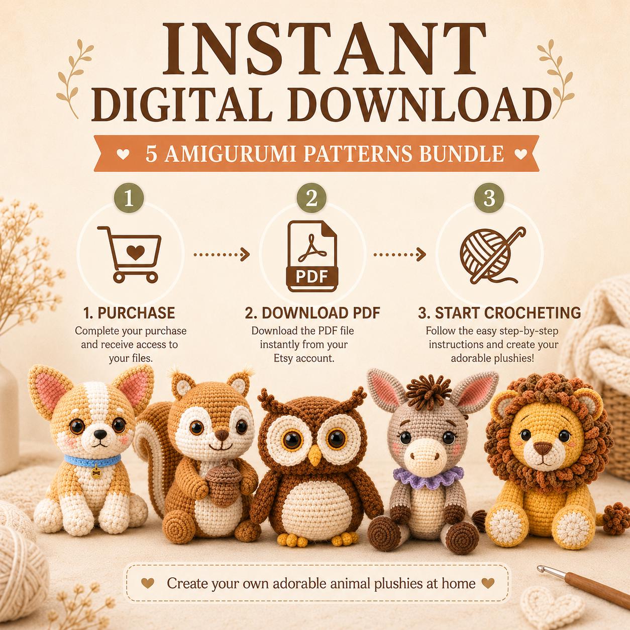5 Amigurumi Crochet Patterns Bundle, Animal PDF Pattern Set, Chihuahua Squirrel Owl Donkey Lion