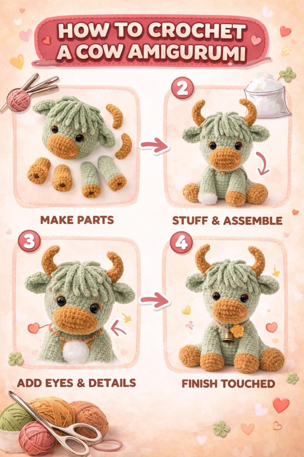 Highland Cow Crochet Pattern PDF, Amigurumi Plush Tutorial