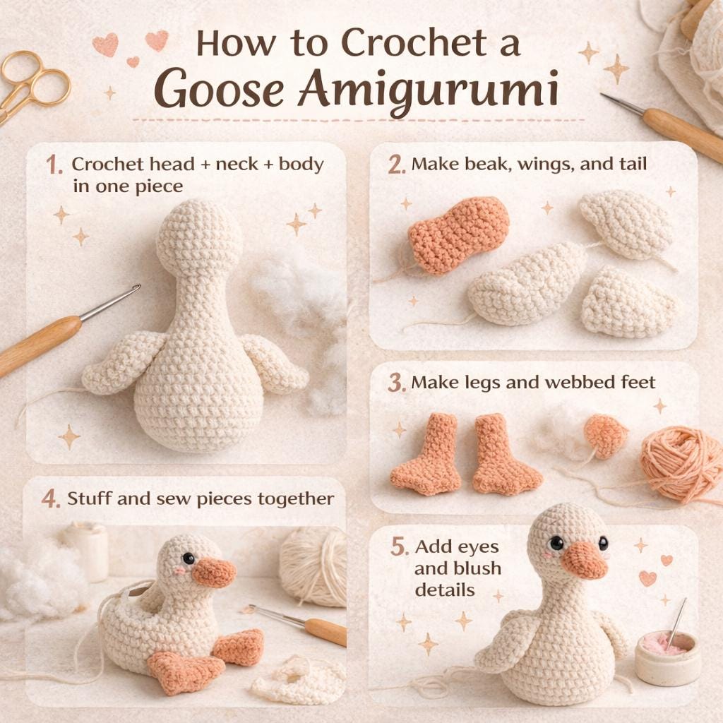 Goose Amigurumi Crochet Pattern PDF, Plush Bird Tutorial, Chenille Toy, Instant Download