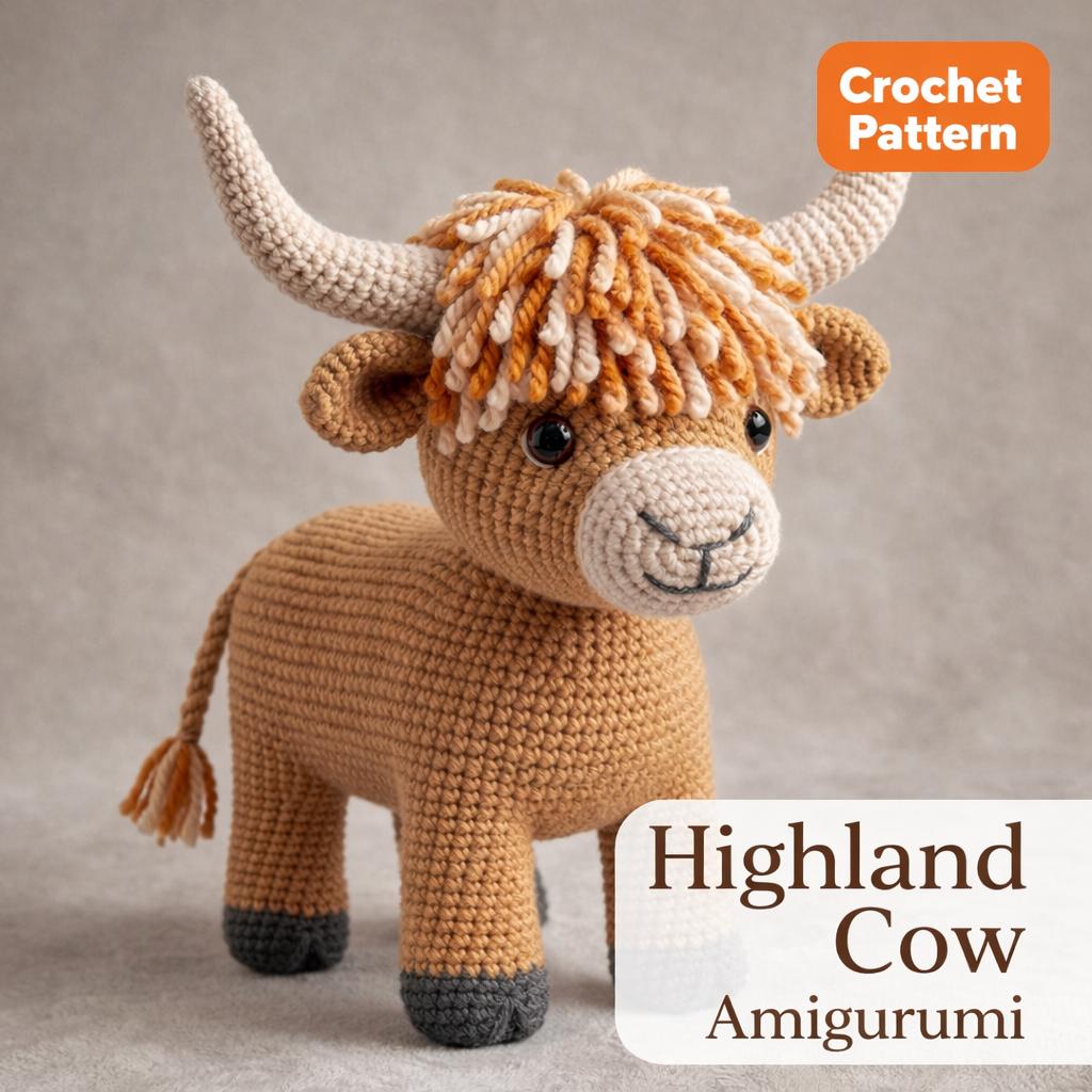 Highland Cow Crochet Pattern PDF, Amigurumi Cow Plush Tutorial, Digital Download