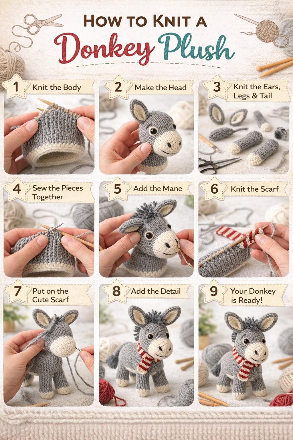 Donkey Plush Knitting Pattern, Farm Animal Toy PDF, Stuffed Donkey Tutorial