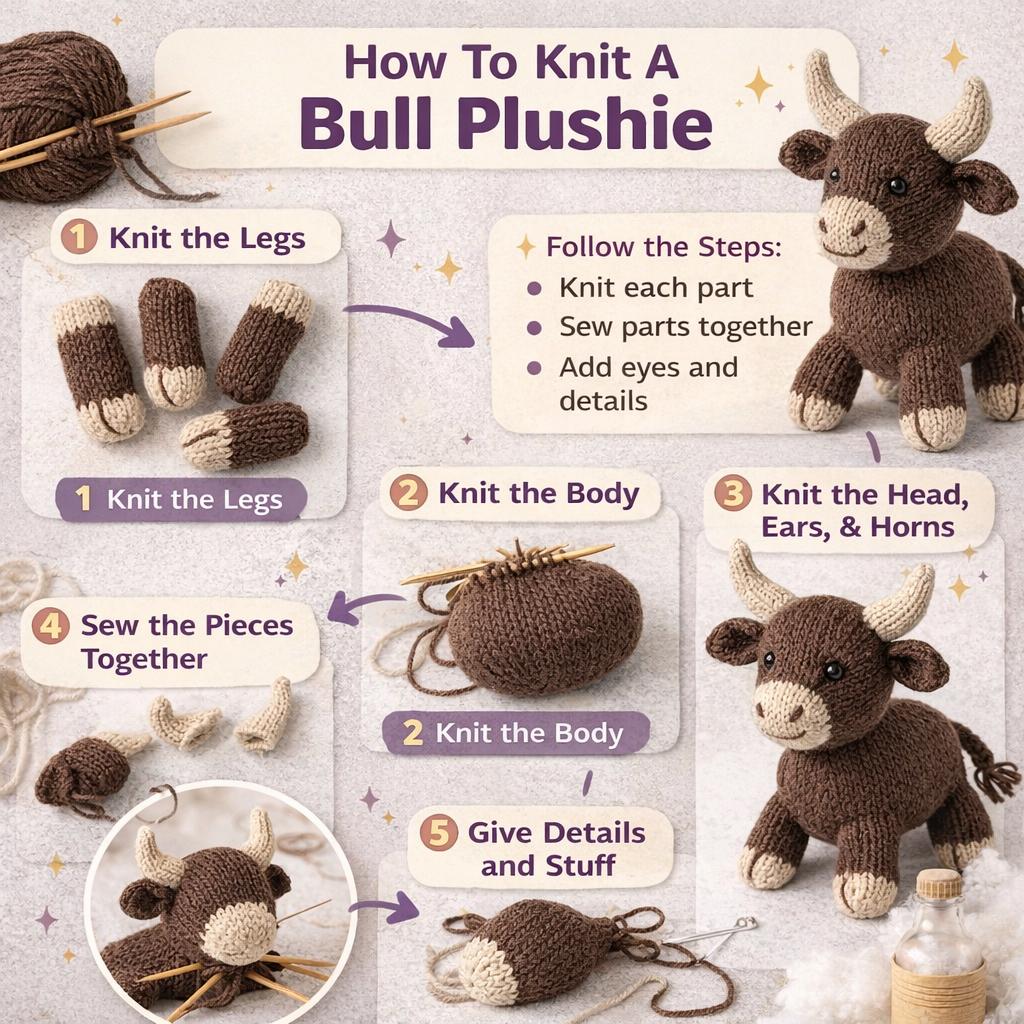 Knitted Bull Plush Pattern PDF, Farm Animal Toy Knit Tutorial