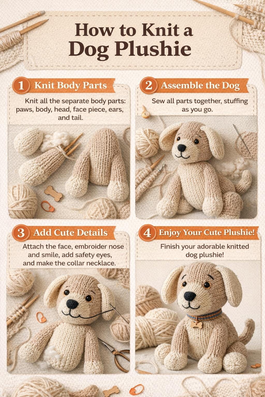 Knitted Dog Plushie Pattern PDF, Puppy Toy Knitting Tutorial, Intermediate Stuffed Animal Softie