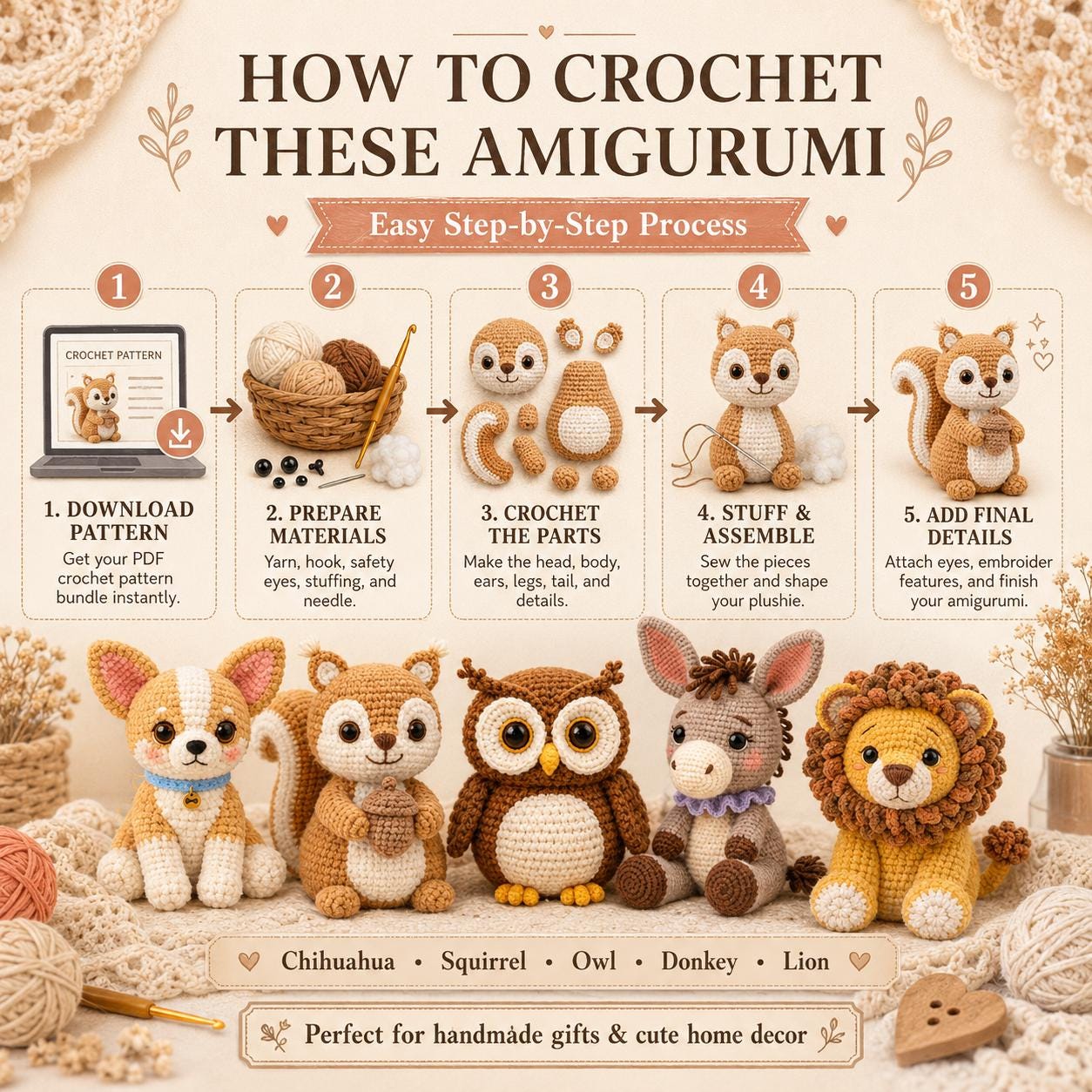 5 Amigurumi Crochet Patterns Bundle, Animal PDF Pattern Set, Chihuahua Squirrel Owl Donkey Lion