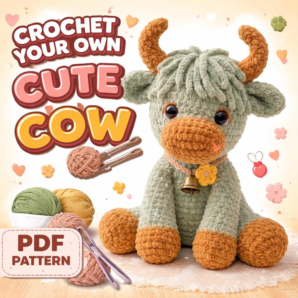 Highland Cow Crochet Pattern PDF, Amigurumi Plush Tutorial