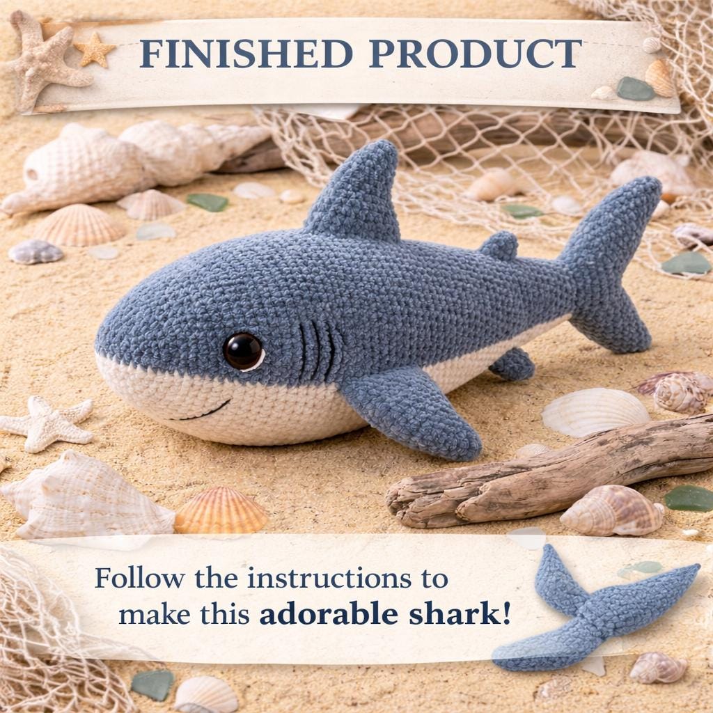Shark Amigurumi Crochet Pattern PDF, Plush Sea Animal Toy Tutorial