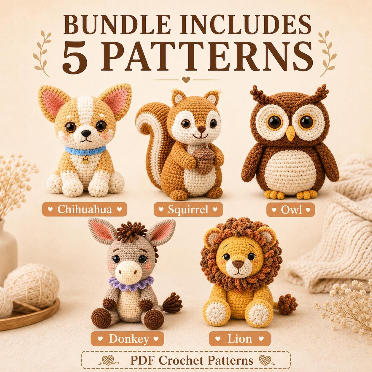 5 Amigurumi Crochet Patterns Bundle, Animal PDF Pattern Set, Chihuahua Squirrel Owl Donkey Lion