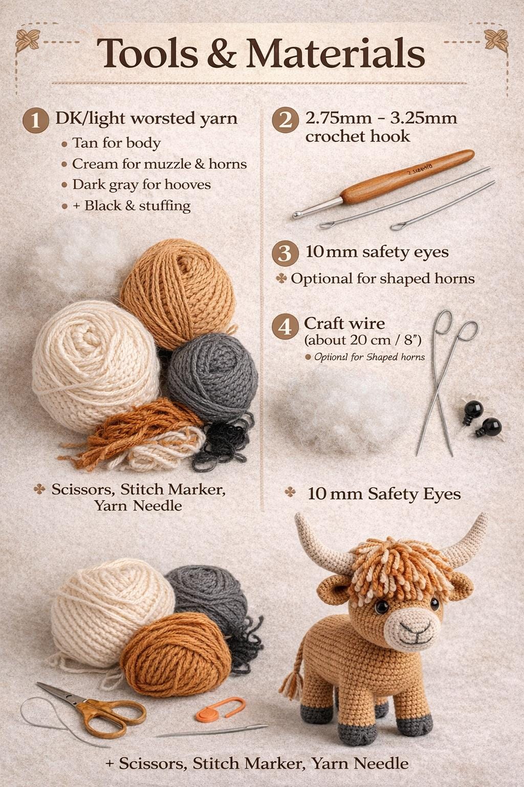 Highland Cow Crochet Pattern PDF, Amigurumi Cow Plush Tutorial, Digital Download