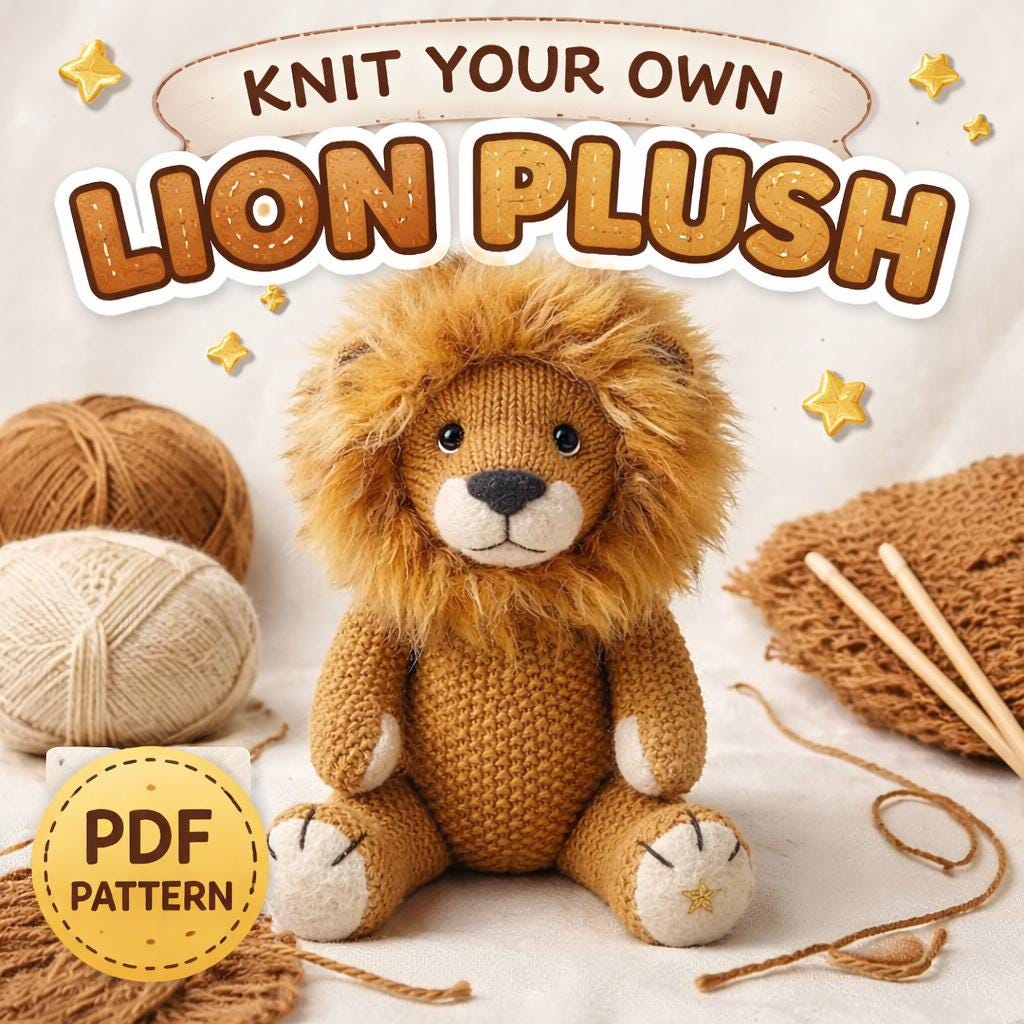 Knitted Lion Plush Pattern, Amigurumi Toy Tutorial, DIY Stuffed Animal Guide