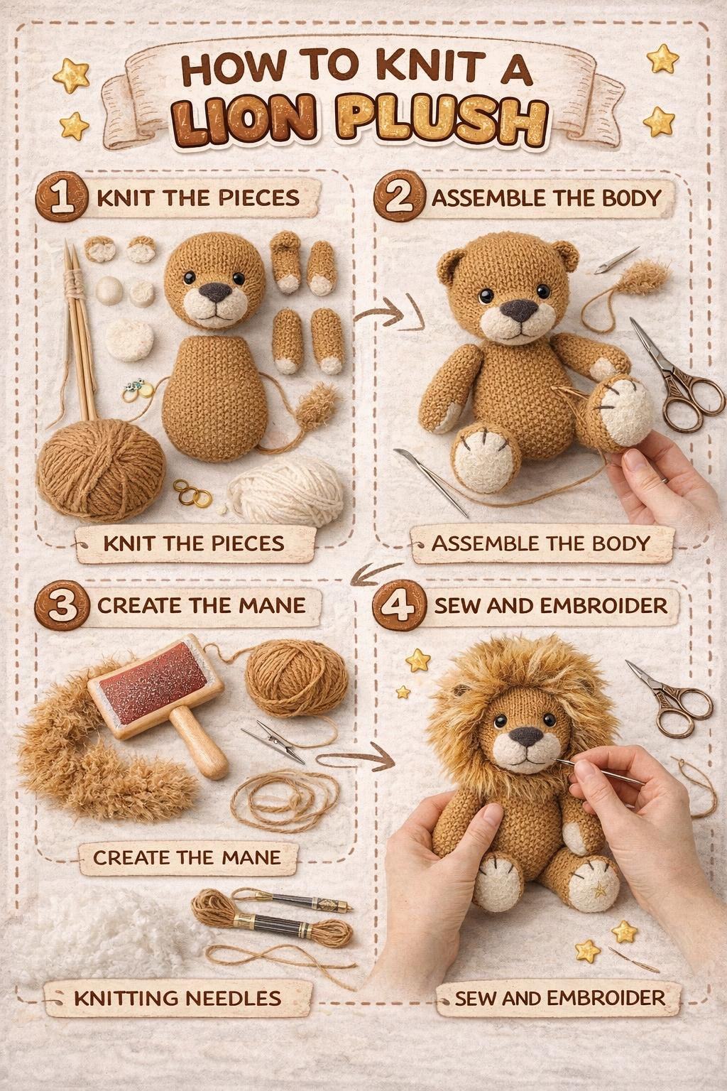 Knitted Lion Plush Pattern, Amigurumi Toy Tutorial, DIY Stuffed Animal Guide