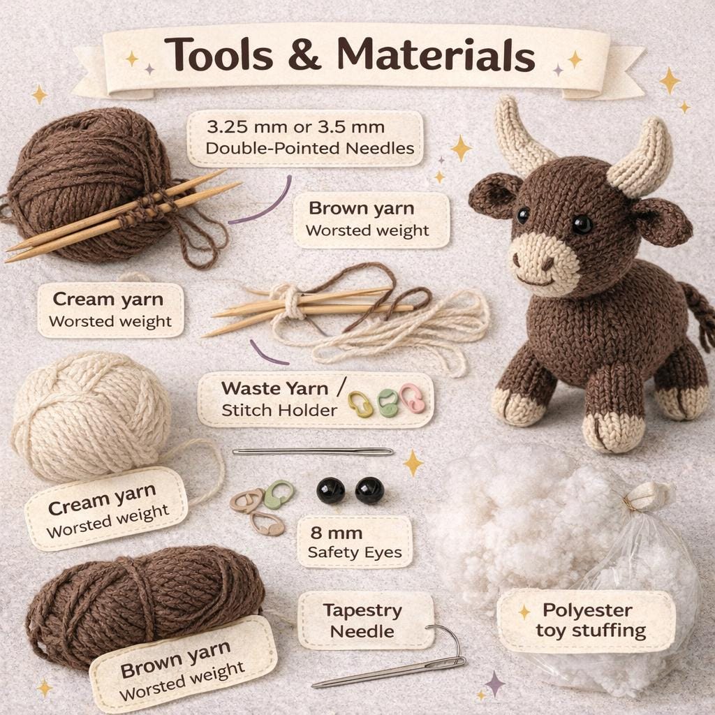 Knitted Bull Plush Pattern PDF, Farm Animal Toy Knit Tutorial