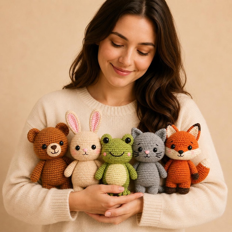 Crochet amigurumi five animal patterns bundle bear bunny frog kitten fox