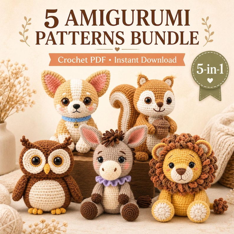 Five amigurumi crochet animal plushies: chihuahua, squirrel, owl, donkey and lion