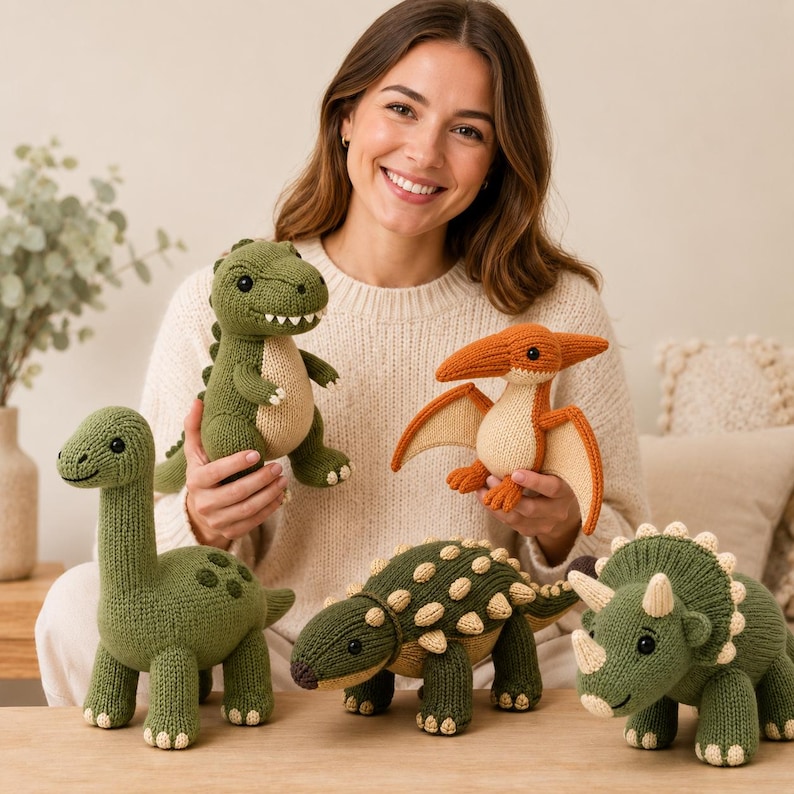 Five knitted dinosaur plushies PDF knitting pattern bundle