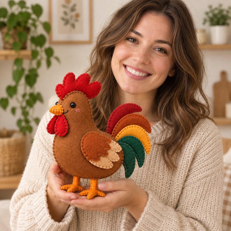 Felt rooster farm animal plush sewing pattern PDF